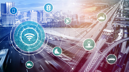 Smart transport technology concept for future car traffic on road . Virtual intelligent system makes...
