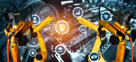 Smart industry robot arms for digital factory production technology showing automation manufacturing...
