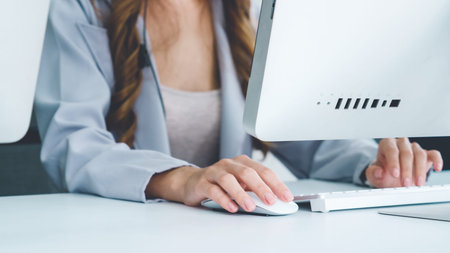 Business people wearing headset working in office to support remote customer or colleague. Call...