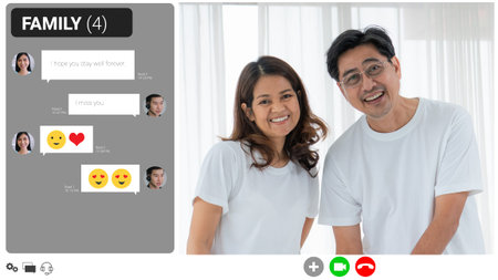 Happy family talking on internet video call at home while laughing with love . Online technology for...