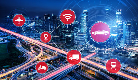 Smart transport technology concept for future car traffic on road . Virtual intelligent system makes...