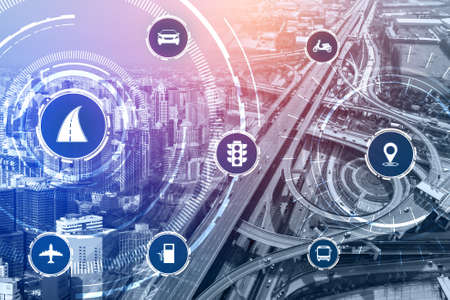 Smart transport technology concept for future car traffic on road . Virtual intelligent system makes digital information analysis to connect data of vehicle on city street . Futuristic innovation .の写真素材