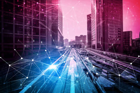 Smart transport technology concept for future car traffic on road . Virtual intelligent system makes digital information analysis to connect data of vehicle on city street . Futuristic innovation .の写真素材