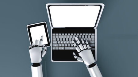 Robot humanoid use laptop and sit at table in future office while using AI thinking brain ,...
