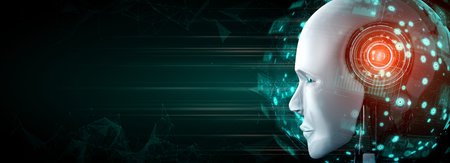 Robot humanoid face close up with graphic concept of big data analytic by AI thinking brain,...