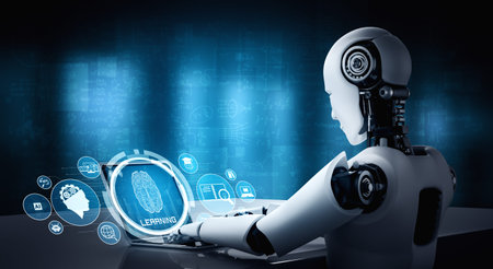 Robot humanoid use laptop and sit at table in concept of AI thinking brain , artificial intelligence...