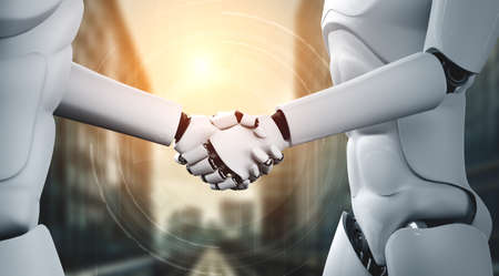 3D rendering humanoid robot handshake to collaborate future technology development by AI thinking brain, artificial intelligence and machine learning process for 4th industrial revolution.の写真素材