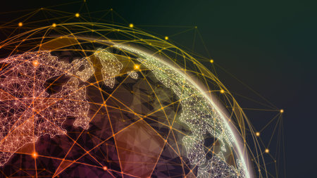 3D illustration global modern creative communication and internet network map connect in smart city . Concept of international 5G wireless digital connection and internet of things future.の写真素材