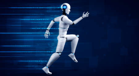 Running robot humanoid showing fast movement and vital energy in concept of future innovation development toward AI brain and artificial intelligence thinking by machine learning. 3D illustration.の写真素材
