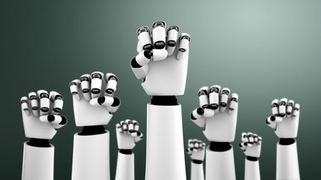 Robot humanoid hands up to celebrate success achieved by using AI artificial intelligence thinking...