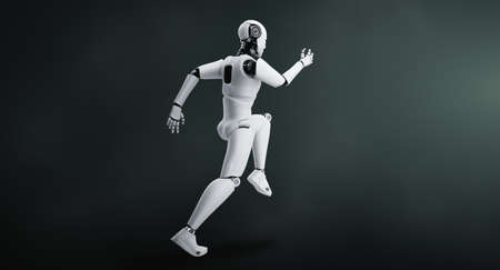 Running robot humanoid showing fast movement and vital energy in concept of future innovation development toward AI brain and artificial intelligence thinking by machine learning. 3D illustration.の写真素材