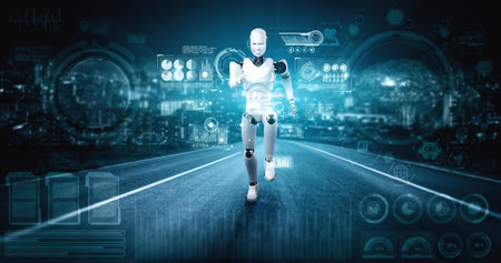 Running robot humanoid showing fast movement and vital energy in concept of future innovation development toward AI brain and artificial intelligence thinking by machine learning. 3D illustration.の写真素材