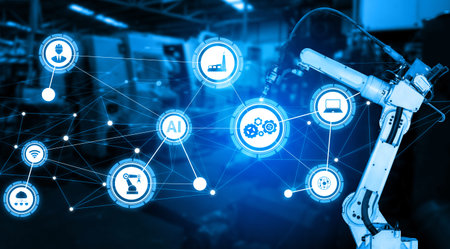 Smart industry robot arms for digital factory production technology showing automation manufacturing...