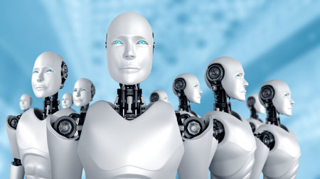 3D illustration of robot humanoid group in concept of future artificial intelligence and 4th fourth...