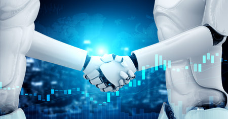 3D rendering humanoid robot handshake with stock market trading chart showing buy and sell decision...