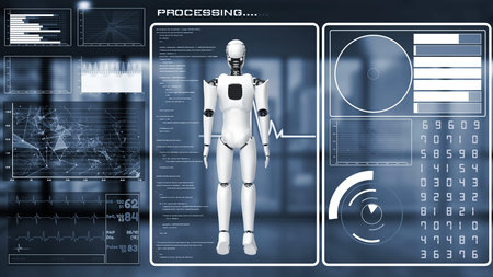 Futuristic robot, artificial intelligence CGI big data analytics and programming . Robotic man 3D...