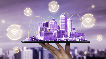 The modern creative communication and internet network connect in smart city . Concept of 5G...