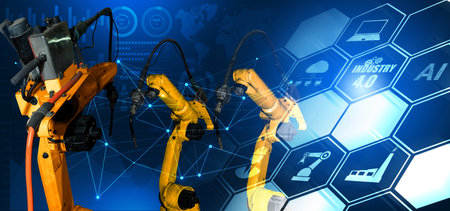 Smart industry robot arms for digital factory production technology showing automation manufacturing...