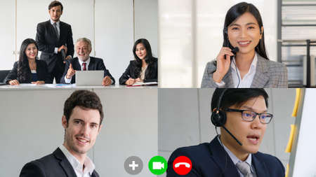 Business people group meeting in video conference on laptop monitor view. Online seminar application presented in cropped zoom view of computer screen. Communication technology for corporate working.の写真素材