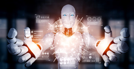 AI humanoid robot holding virtual hologram screen showing concept of big data analytic using...