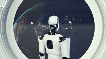Futuristic robot, artificial intelligence CGI inside spaceship in space universe overlooking planet earth outside the space shuttle window . Robotic man 3D render . 3D illustration .の写真素材