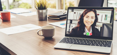 Video call business people meeting on virtual workplace or remote office. Telework conference call...