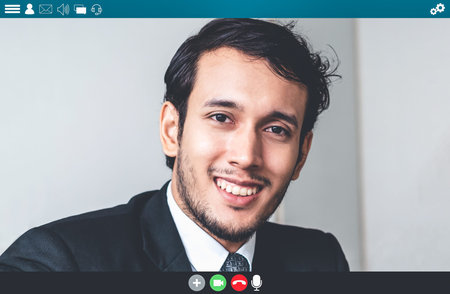 Business people meeting in video conference app on laptop monitor view . Online seminar application...