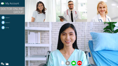 Doctor and patient talking on video call for telemedicine service . Online health care application in cropped zoom view of computer screen . Medical technology concept .の写真素材