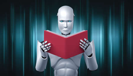 3D illustration of robot humanoid reading book in concept of future artificial intelligence and 4th fourth industrial revolution .の写真素材