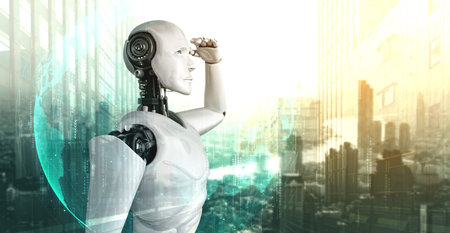 3D illustration robot humanoid looking forward against cityscape skyline . Concept of leadership,...