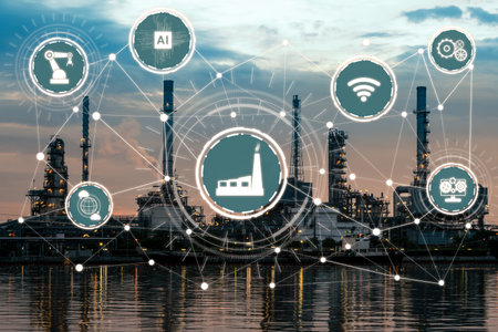 Industry 4.0 technology concept - Smart factory for fourth industrial revolution with icon graphic...