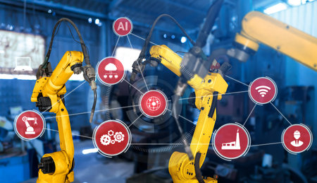 Smart industry robot arms for digital factory production technology showing automation manufacturing...