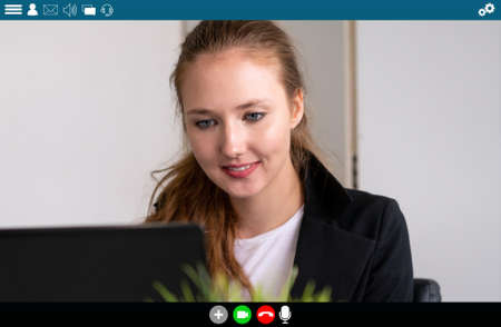 Business people meeting in video conference app on laptop monitor view . Online seminar application presented in cropped view of computer screen . Communication technology for corporate working .の写真素材