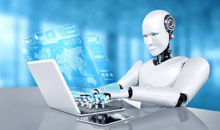 Robot humanoid use laptop and sit at table for big data analytic using ...