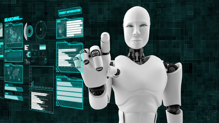 Futuristic robot, artificial intelligence CGI big data analytics and programming . Robotic man 3D...