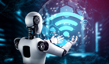 Internet connection controlled by AI robot and machine learning process to analyze data connectivity...