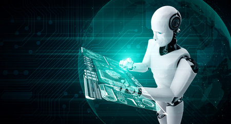 Robot humanoid use mobile phone or tablet for big data analytic using AI thinking brain , artificial...