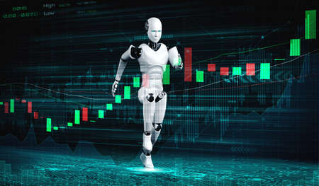 Future financial technology controlled by AI robot using machine learning and artificial intelligence to analyze business data and give advice on investment and trading decision . 3D illustration .の写真素材