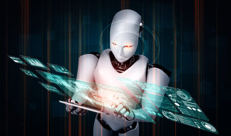 Robot humanoid using tablet computer for big data analytic using AI thinking brain , artificial...