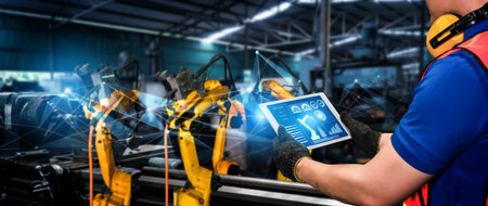 Smart industry robot arms for digital factory production technology showing automation manufacturing...