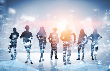 Creative image of many business people conference group meeting on city office building background...
