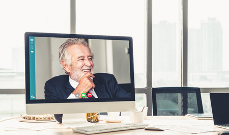 Video call business people meeting on virtual workplace or remote office. Telework conference call...