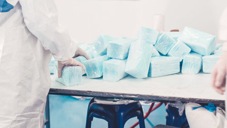 Face mask production line in modern factory . Concept of covid-19 coronavirus 2019 provention .