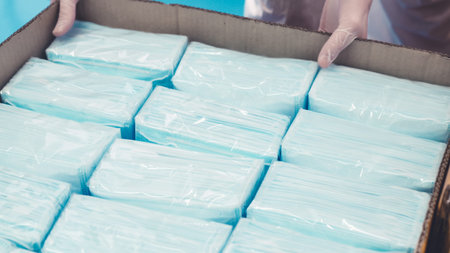 Face mask production line in modern factory . Concept of covid-19 coronavirus 2019 provention .