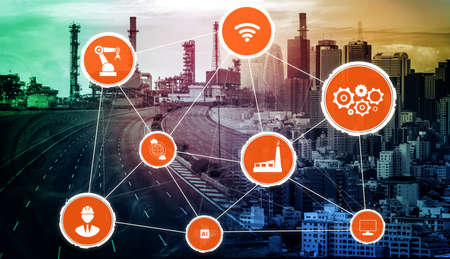 Industry 4.0 technology concept - Smart factory for fourth industrial revolution with icon graphic showing automation system by using robots and automated machinery controlled via internet network .の写真素材