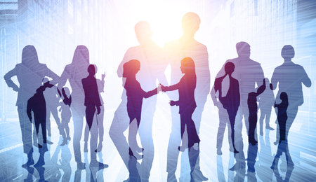 Abstract image of many business people together in group on background of city view with office...