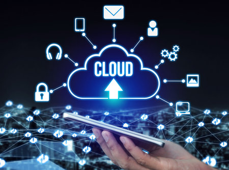 Cloud computing technology and online data storage for global data sharing. Computer connects to...
