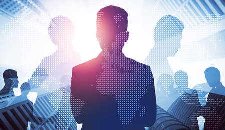 Abstract image of many business people together in group on background of city view with office building showing partnership success of business deal. Concept of employee teamwork, trust and agreementの写真素材