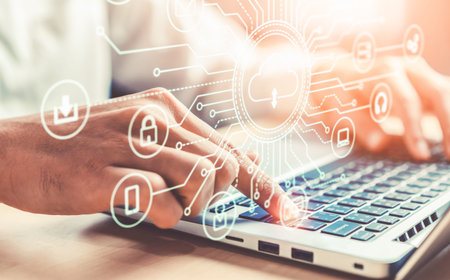 Cloud computing technology and online data storage for global data sharing. Computer connects to...