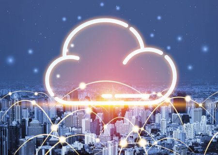 Cloud computing technology and online data storage for global data sharing. Computer connects to...